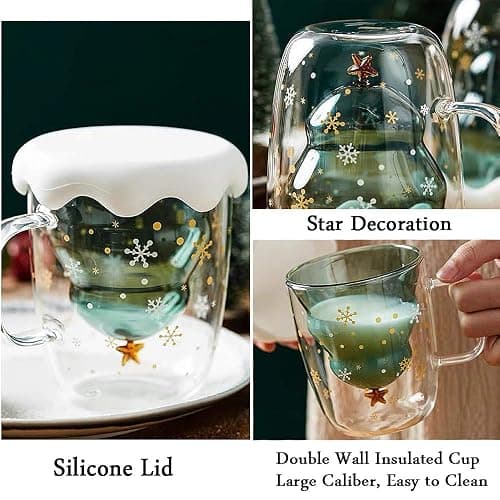 Christmas Cups, 10oz Double Walled Glass Coffee Mugs, Cute Cup with Lids and Handle, Funny Glasses Drinkware Coffee Cups, Christmas Gifts for Teens Girls Boys Women Men Friend Mom, Decorations Gifts thumbnail 3