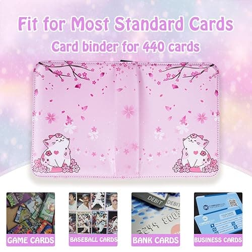 CLOKORIA Card Binder for Girls Gifts,440 Cards Collectible Trading Card Holder Case with 55 Sleeves, 4 Pocket for TCG Game Cards Collection Sports Trading Cards Collector Album (Sakura cat) thumbnail 4