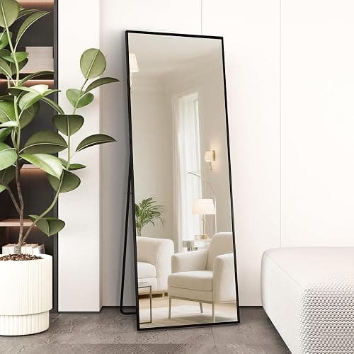 AUFHELLEN Standspiegel mit Schwarz Metallrahmen 140x40cm HD Groß Ganzkörperspiegel mit Haken für Wohnzimmer oder Ankleidezimmer (Schwarz) - Image 1