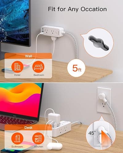 Power Strip Surge Protector, BESHON 5Ft Extension Cord, 6 Outlets with 4 USB Ports (2 USB C Outlet), 3-Side Outlet Extender, Wall Mount, Compact for Travel, Home, School, College Dorm Room and Office thumbnail 6
