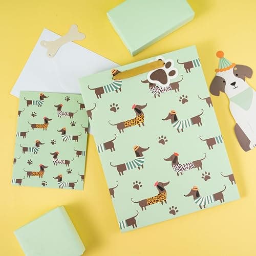 Loveinside Dachshund Gift Bag for Boys Girls, Cut Sausage Dog Dressed-Up Design with Paw Prints, Green Medium Gift Bag with Tissue Paper, Tag, Card for Birthday, Pet Party, 10" x 5" x 13", 1 Pcs thumbnail 4