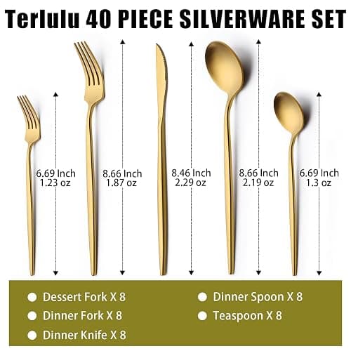 40 Piece Gold Silverware Set for 8, Terlulu Stainless Steel Flatware Set, Gold Cutlery Set Utensils Set, Tableware Include Forks Knives Spoons for Home Kitchen Restaurant Wedding, Satin Finish thumbnail 3