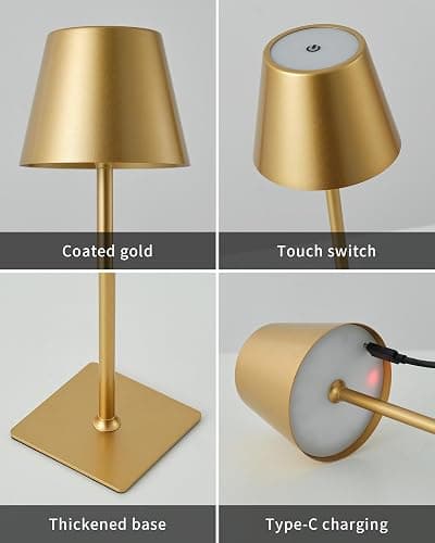 KDG 2 Pack Cordless Table Lamp, Portable LED Desk Lamps, 5000mAh Battery Operated, 3 Color Stepless Dimming Up, for Restaurant, Bedroom, Outdoor Camping, Coffee Shop, Night Light, Rechargeable (Gold) thumbnail 7