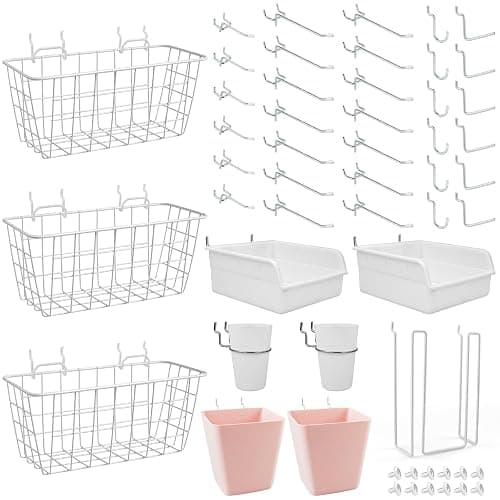 Pegboard Basket Organizers, Peg Board Large Baskets Hooks Bins Cups Tool Organizer 42 Pack Set, Wall Storage Display Hanging Accessories for Craft Office Stadio Shed Garage Organization (White & Pink) - Image 1