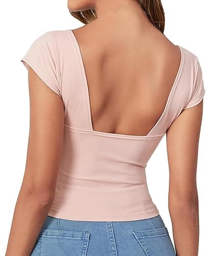 ForeFair Women Sexy Deep V Neck Backless Tank Top Slim Fit Summer Casual Y2k Crop Short Sleeve Top thumbnail 2