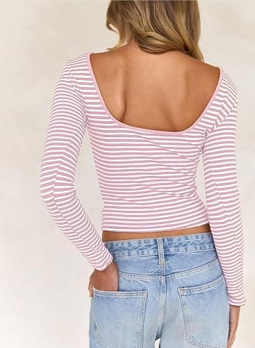 Falechay Long Sleeve Shirts for Women Sexy Backless Striped Tops Going Out T-Shirt Y2K Crop Womens Blouse Boat Neck Outfit thumbnail 5