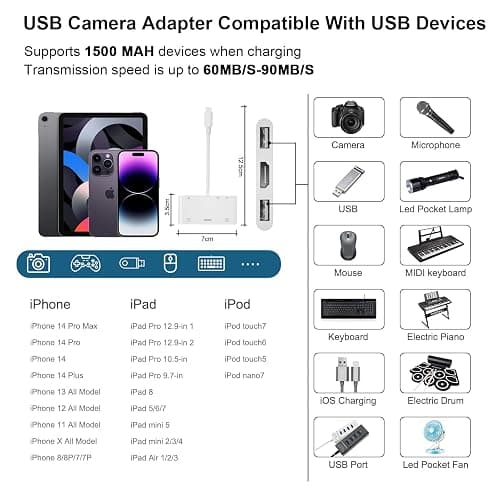 FEINODI Lightning to HDMI Adapter with USB Camera and Charging Port, SD Card Reader for iPhone, 6 in 1 Camera Adapter to iPhone, Supports MIDI Keyboard, Mouse, HD TV/Projector/Monitor, Plug & Play thumbnail 6