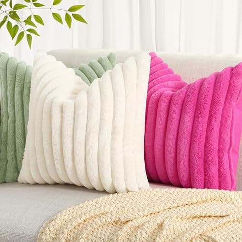 decorUhome Faux Fur Christmas Throw Pillow Covers 18x18 Set of 2, Decorative Soft Plush Striped Neutral Couch Euro Pillow Covers with Velvet Back for Sofa, Bed, Living Room Home Decor, Cream White thumbnail 5