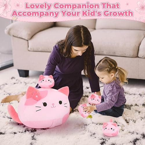 5 PCS Pink Sakura Cat Plush Stuffed Animal Family-19" Soft Pink Sakura Cat Plush, Large Mommy Plushies with 4 Baby Kittens Plushies, Kawaii Plush Toy Christmas Birthday Gifts for Kids Boys Girls thumbnail 5