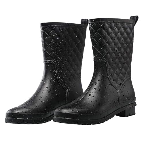 Petrass Women Rain Boots Black Waterproof Mid Calf Lightweight Cute Booties Fashion Out Work Comfortable Garden Shoes - Image 1