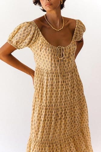 Woman Floral Puff Sleeve Maxi Dress Square Neck Ruffle Flowy Long Dresses Bohemian Tiered Summer Sundress thumbnail 5