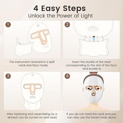 tinkoola Red Light Therapy Mask for Face & Neck, LED Face Light Therapy,USB C Rechargeable,Infrared Mask for Home Working Travel Yoga (White Gold) thumbnail 6