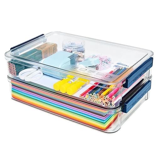 CATOOMUU 2 Pcs 5.5qt 9 x 13 Plastic Portable Project Case With Snap-Tight Latch Clear Stackable Storage Box With Lids Organizer Container For A4 File Photo Documents Scrapbook Craft Art Supplies