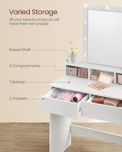 VASAGLE Dressing Table, LED Lights with Adjustable Brightness, Vanity Table with Mirror, 2 Drawers and 3 Compartments, Makeup Desk, Modern, KAILYN Collection Cloud White RDT194T14 thumbnail 5