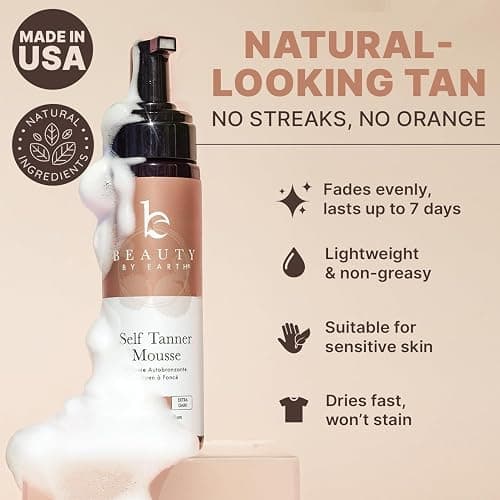 Self Tanner Mousse - USA Made with Natural & Organic Ingredients, Self Tanning Mousse for Dark Fake Tan, Sunless Tanner, Clear & Non Toxic Tanning Foam for Streak Free Finish & Natural Glow thumbnail 3
