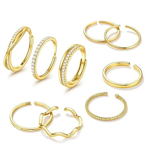Jstyle Gold Stackable Rings for Women Non Tarnish Open Adjustable Rings Cubic Zirconia Thin Thumb Silver Ring Set 14K Gold Filled Pinky Knuckle Stacking Set - Dainty Statement Promise Band Ring Sets - Image 1