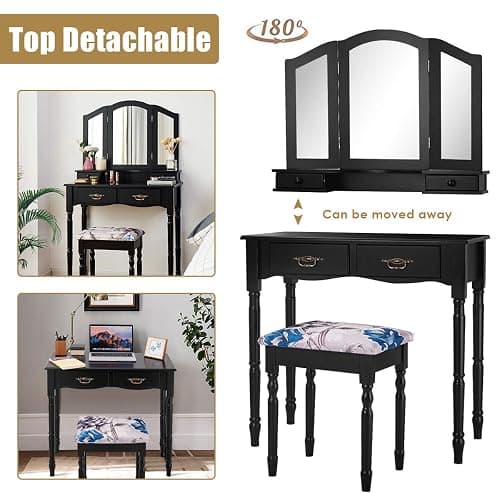 Giantex Vanity Set with Tri-Folding Mirror, Makeup Dressing Table with 4 Drawers and Storage Shelf, Modern Bedroom Bathroom Makeup Vanity Desk with Cushioned Stool for Girls Women (Black) thumbnail 4