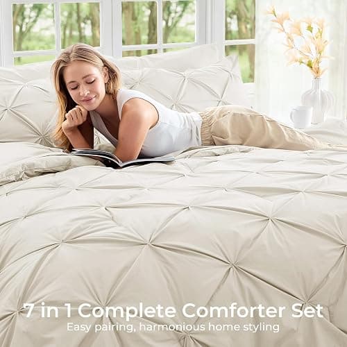 Sasttie Oversized Queen Comforter Set, 7-Piece Bed in a Bag, Pintuck Bedding Sets for All Season, Includes Comforter, Flat Sheet, Fitted Sheet, Pillowcases and Pillowshams, Beige thumbnail 6