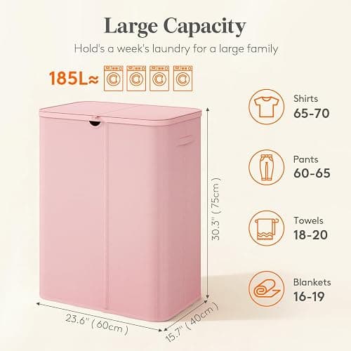 Lifewit 185L 3 Section Laundry Hamper with Lid, Laundry Basket, Pink | Large Foldable Laundry Sorter with 3 Removable Bags, Tall Clothes Hamper for Bedroom and Bathroom thumbnail 2