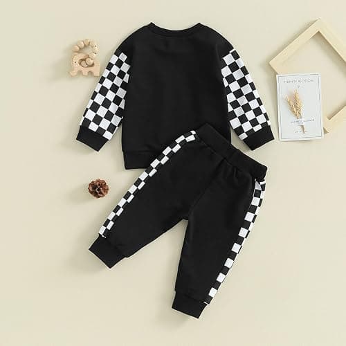 Toddler Baby Boy Fall Outfit Checkerboard Patchwork Long Sleeve Sweatshirts Elastic Waist Pants Cute Newborn Clothes Set thumbnail 3