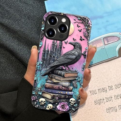 DAIZAG Case Compatible with iPhone 16 Pro,Glossy Durable Shock Protection Cover for Girl Women,Black Raven Bird Book Rose Skulls thumbnail 5