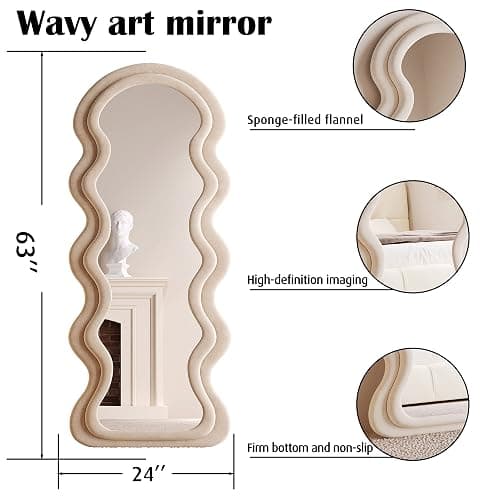BOJOY 63"x24" Irregular Wavy Mirror, Wall Mount, Modern Bedroom Mirror, Milk Tea Color thumbnail 2