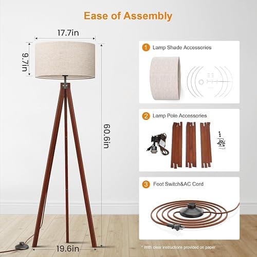 LEPOWER Wood Tripod Floor Lamp, Mid Century Standing Lamp, Modern Design Studying Light for Living Room, Bedroom, Study Room and Office, Flaxen Linen Shade with E26 Base Brown thumbnail 3