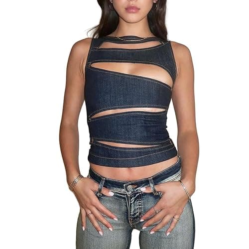 MINGSEECESS Women Sexy Irregular Hollow Out Cutting Denim Crop Tank Top Sleeveless Back Zipper Vest Clubwear thumbnail 2