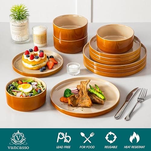 vancasso ONION Ceramic Plates and Bowls Sets, 12 Pieces Brown Dinnerware Sets for Kitchen, Reactive Glaze Dishes Set for 4, Dishwasher and Microwave Safe thumbnail 4