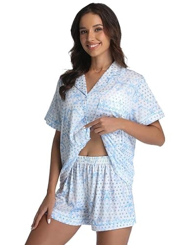 ANGELBEE 2 Piece Preppy Pajamas Button Down Y2k Print Monkey Pajamas for Women Cute Beach Shorts Set pjs Loungewear - Blue-b - Large thumbnail 5