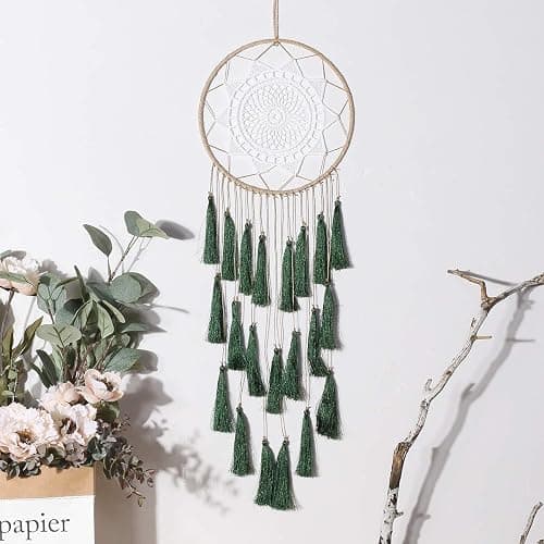 Artilady Macrame Dream Catchers for Bedroom - Tassel Wall Hanging Handmade Dreamcatchers Home Decor with Tassel Feather Ornament Craft Blessing Gift (Dark Green) thumbnail 8