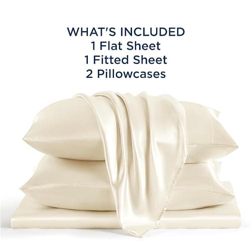 Bedsure Satin Sheets Queen Size - 4 Piece Silky Bedsheets with 15 Inches Deep Pocket Fitted Bedsheet,1 Flat Sheet, 2 Satin Pillowcases, Good for Hair & Skin (Queen, Cream) thumbnail 8