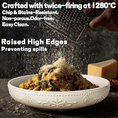 Artena Pasta Bowls, 50oz Large Salad Serving Bowls, 9.75'' Plates Bowls Set of 4, Big White Ceramic Soup Bowls for Kitchen, Embossment Shallow Dinner Bowl, Microwave Dishwasher Safe, Multiple Patterns thumbnail 5