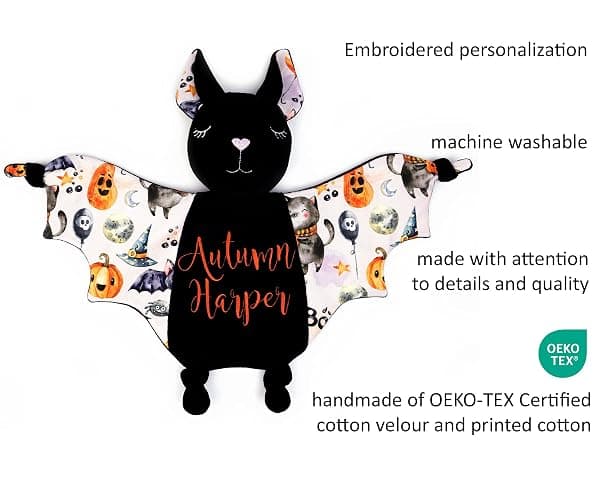 Halloween Baby Shower Stuff Bat Plush Security Blanket Baby First Halloween Gift Basket Stuffer (Personalized) thumbnail 5