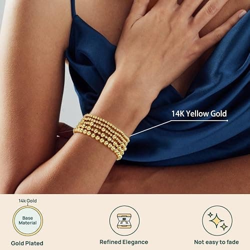 adoyi Gold Bracelets for Women Waterproof, 14K Gold Plated Beaded Strand Bead Ball Bracelets stack Adjustable Jewelry Set for Gifts thumbnail 3