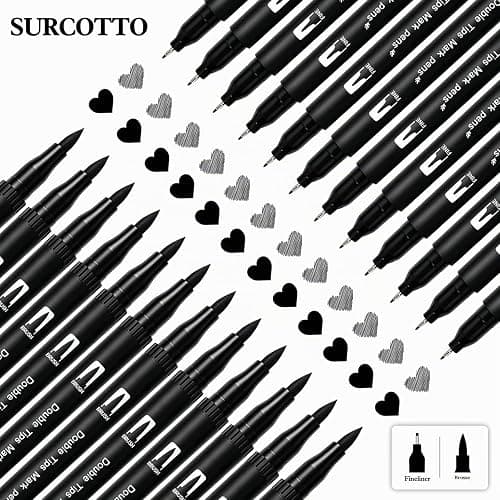 Surcotto Dual Brush Pen, 12 Feutres Noirs épais et fins,Double Pinceau Noir pour bullet journal, calligraphie, manga, croquis, livres de coloriage et lettrage à la main thumbnail 4