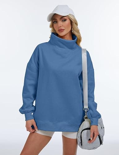 Eutten Womens Oversized Mockneck Sweatshirts Long Sleeve Turtleneck Pullover Casual Fall Drop Shoulder Hoodies Tops thumbnail 2