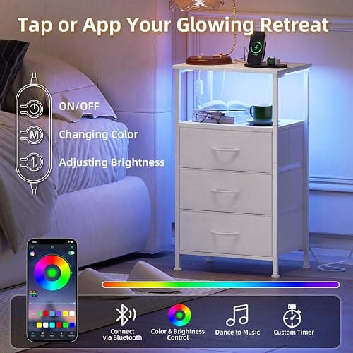 Somdot White Nightstand with Charging Station and LED Light for Bedroom, Tall 3 Drawers Dresser with Fabric Bins for Bedside Kids Dorm Room Closet Laundry Entryway, White Leather thumbnail 4