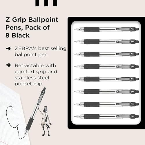 Zebra Pen Z Grip Black Ballpoint Pens with Pocket Clip 8pk, Retractable Black Ink Ballpoint Pens, Reliable Black Biro Pens Multipack for Everyday Use Design, New Pack Size 8pk thumbnail 3