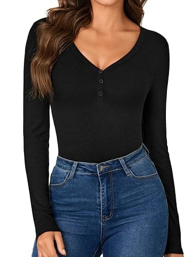 LYANER Women's Henley Shirts Long Sleeve Bodysuit V Neck Button Down Body Suit Leotard Tops thumbnail 2