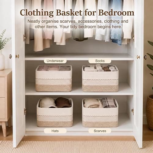 OIASKET 4 Pack Storage Baskets for Organizing, 13"X9"X7.87", Decorative Cotton Rope Baskets for Shelves, Small Woven Basket for Toys, Books and Towels, Brown & White thumbnail 7