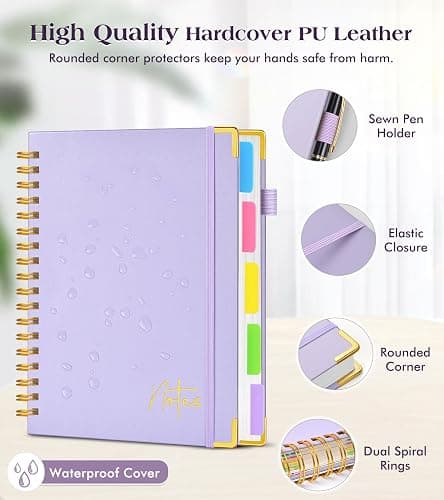 Spiral Notebook Journal with Removable Dividers Tabs, 300 Pages Hardcover Leather 5 Subject College Ruled Notebook, 8"x10" Large B5 Lined Journal for Women Men, Spiral Notebooks for Work School,Purple thumbnail 2