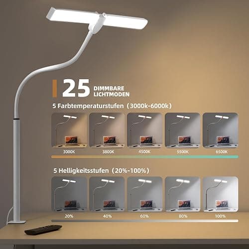 LIBORA Lampe de Bureau LED, Double tête lampe bureau, 5 Modes de Couleur 5 Niveaux de Luminosité, Col de cygne flexible et Peu encombrante lampe pince, lampen de table, Blanc thumbnail 2