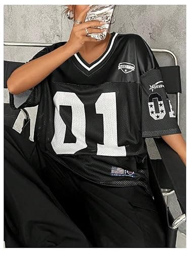 SOLY HUX Jersey Shirts for Women Y2k Graphic Number Oversized Tees V Neck Half Sleeve Cute Soccer Streetwear T Shirt Tops thumbnail 4