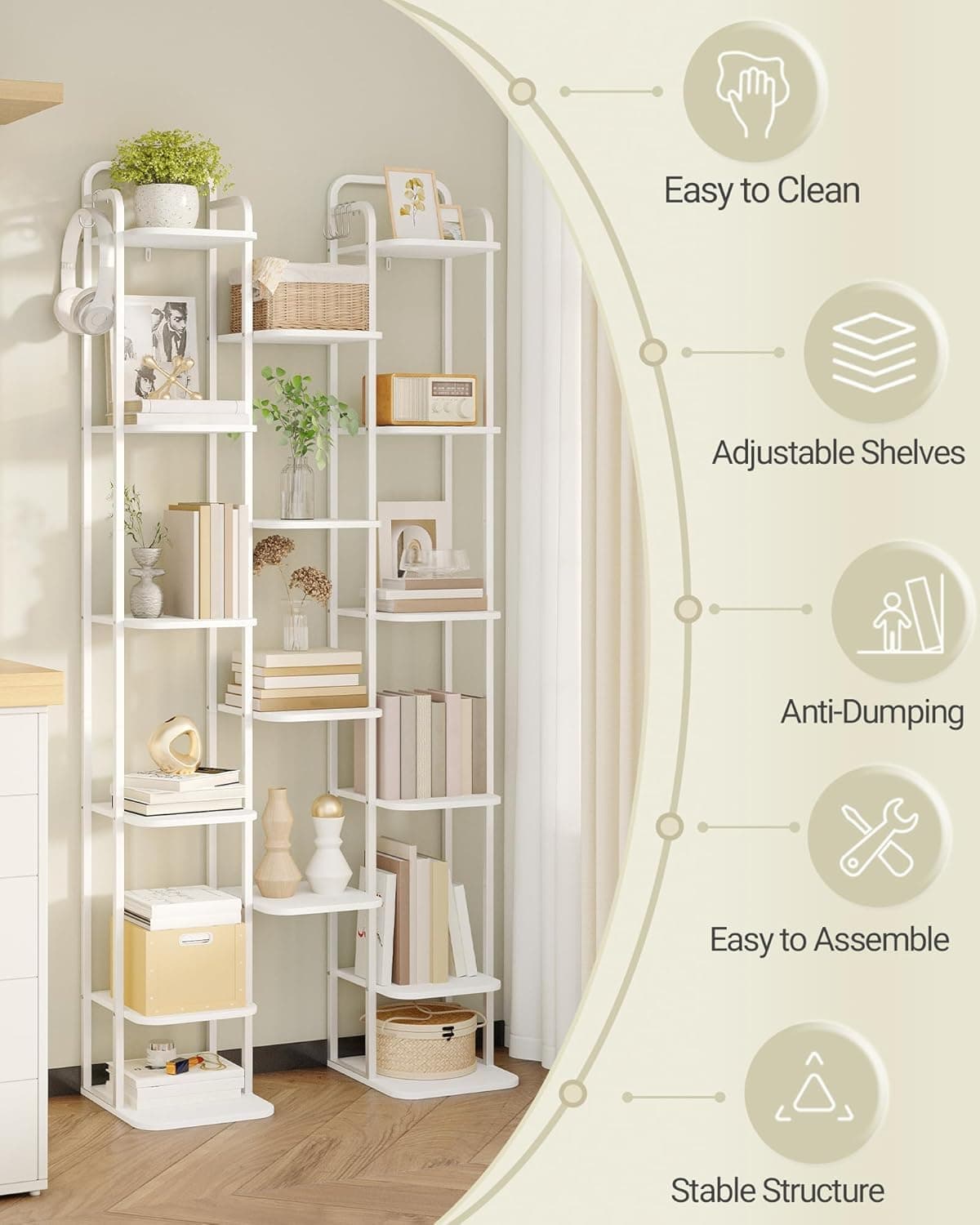 Hzuaneri Vertical Shoe Rack, Shoe Shelves, Wood Shoe Organizer for Closet, Entryway, Shoe Tower for Small Spaces, Free Standing, Adjustable, with 2 Hooks,10 Tiers White SR11213W thumbnail 7