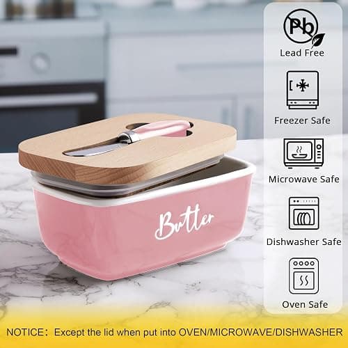 ALELION Pink Butter Dish with Lid and Knife for Countertop - Airtight Ceramic Butter Container with Thick Acacia Wood Lid for Counter - Pink Kitchen Decor and Accessories thumbnail 5