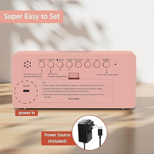 Peakeep Digital Clock, Alarm Clock Battery Backup Powered for Bedrooms - Mirror Face Large Numbers 6 Dimmers for Seniors, Super Loud for Heavy Sleepers (Pink) thumbnail 7