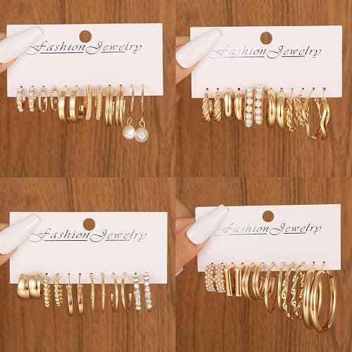 42 Pairs Gold Hoop Earrings Set for Women, Fashion Chunky Pearl Earrings Multipack Twisted Statement Earring Pack, Hypoallergenic Small Big Hoops Earrings for Birthday Party thumbnail 4