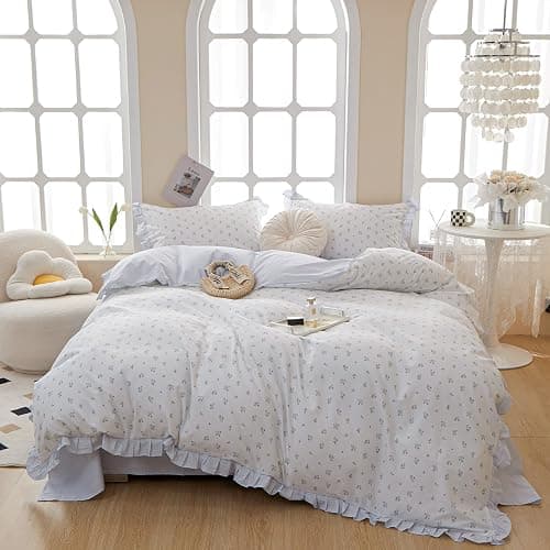 MOTNTD Blue Floral Duvet Cover Full Blue Ruffle Boho Comforter Cover Full Size Coquette Cotton Cozy Lightweight Duvet Cover Set with Hidden Zipper Cute Bedding Sets Aesthetic Duvet Protector - Image 1