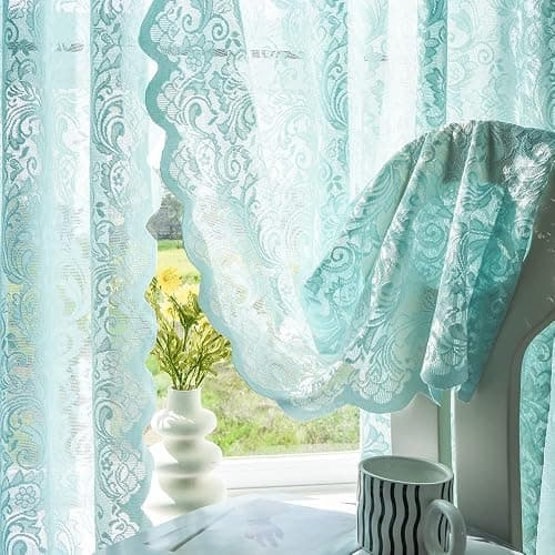 ALIGOGO Mint Green Curtains for Bedroom - Lace Sheer Seafoam Aqua Curtains 63 Inches Length for Baby Girl Bedroom, Rod Pocket Ocean Coastal Beach Summer Decor 52 W x 63 L, 1 Pair, Aqua thumbnail 4